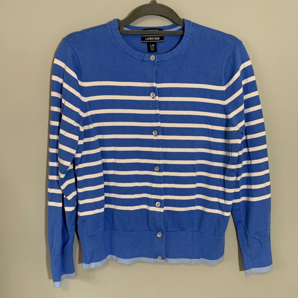 Lands' End Striped Cardigan Sweater Blue White Button‎ Front Cotton Large